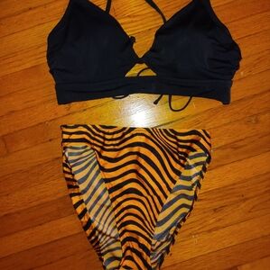 Black Bikini Top and Striped Bottoms